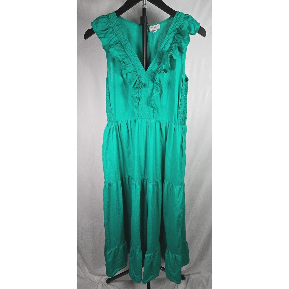 J.Crew Size 6 Green Cotton Tiered Midi Dress Ruffle V Neck Smocked Preppy